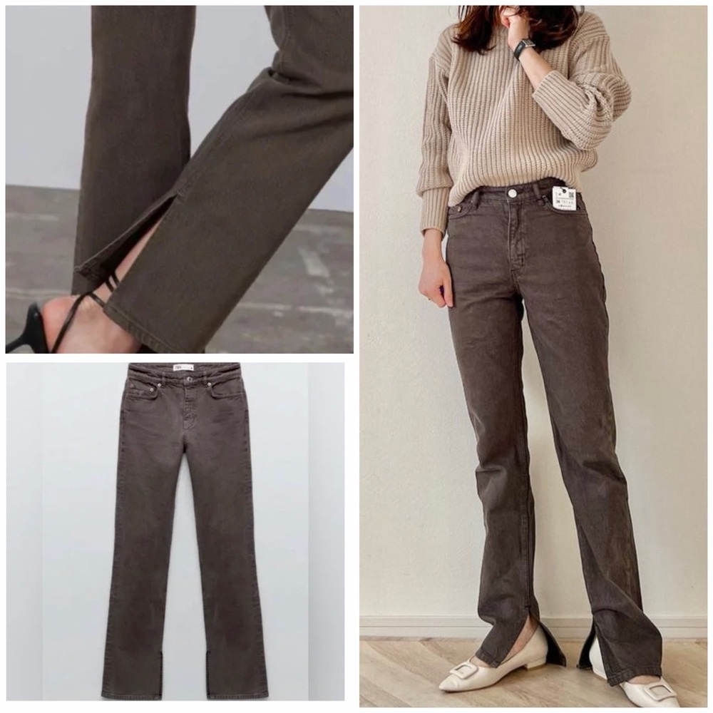 Zara brown straight leg split hem / slit hem vented denim jeans